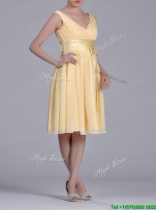 New Arrivals V Neck Bowknot Chiffon Short Prom Dress in Yellow