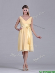 New Arrivals V Neck Bowknot Chiffon Short Prom Dress in Yellow