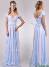 New Deep V Neckline Chiffon Prom Dress in Baby Pink and Light Blue