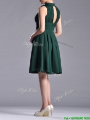 New High Neck Handmade Flower Dark Green Prom Dress with Open Back