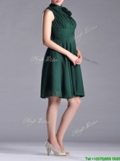 New High Neck Handmade Flower Dark Green Prom Dress with Open Back