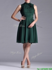 New High Neck Handmade Flower Dark Green Prom Dress with Open Back