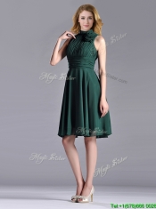 New High Neck Handmade Flower Dark Green Prom Dress with Open Back