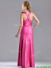 New Style Hand Crafted Flowers Hot Pink Dama Dress with Criss Cross