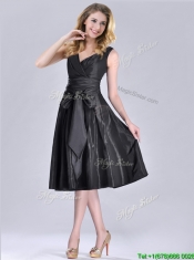 Popular Empire Black Tea Length Prom Dress with Ruching and Bowknot