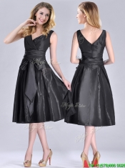 Popular Empire Black Tea Length Prom Dress with Ruching and Bowknot