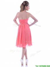 Popular Empire Chiffon Ruched Watermelon Prom Dress in Knee Length
