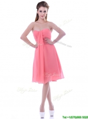 Popular Empire Chiffon Ruched Watermelon Prom Dress in Knee Length
