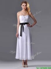 Popular Tea Length White Prom Dress with Appliques and Belt