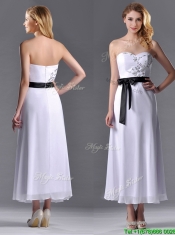 Popular Tea Length White Prom Dress with Appliques and Belt