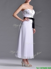 Popular Tea Length White Prom Dress with Appliques and Belt