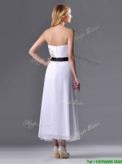 Popular Tea Length White Prom Dress with Appliques and Belt