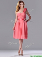 Popular Watermelon Prom Dress with Hand Made Flowers Decorated One Shoulder
