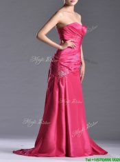 Pretty Beaded and Ruched Coral Red Column Prom Dress with Brush Train