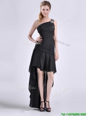 Romantic High Low One Shoulder Black Prom Dress with Criss Cross