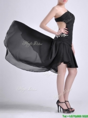 Romantic High Low One Shoulder Black Prom Dress with Criss Cross