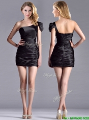 Sexy Column Ruched One Shoulder Black Prom Dress in Taffeta