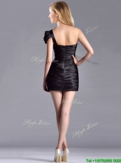 Sexy Column Ruched One Shoulder Black Prom Dress in Taffeta
