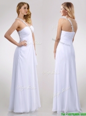 Sexy Empire Chiffon Beaded Side Zipper White Prom Dress with One Shoulder