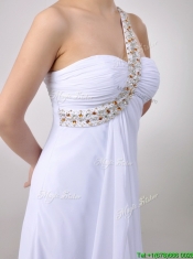 Sexy Empire Chiffon Beaded Side Zipper White Prom Dress with One Shoulder