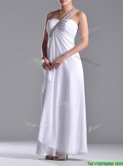 Sexy Empire Chiffon Beaded Side Zipper White Prom Dress with One Shoulder