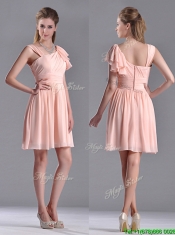 Simple Empire Ruched Peach Prom Dress with Asymmetrical Neckline
