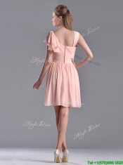 Simple Empire Ruched Peach Prom Dress with Asymmetrical Neckline