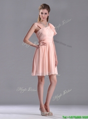 Simple Empire Ruched Peach Prom Dress with Asymmetrical Neckline
