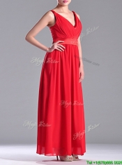 The Super Hot Empire V Neck Red Prom Dress in Ankle Length