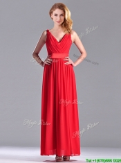 The Super Hot Empire V Neck Red Prom Dress in Ankle Length