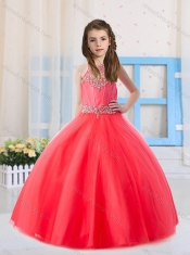 Beautiful Ball Gowns Scoop Tulle Coral Red Little Girl Pageant Dress with Beading