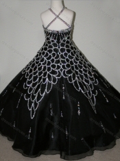 Cheap Beaded Decorated Halter Top and Bodice Little Girl Pageant Dress in Black