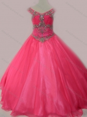 Cute Beaded Bodice Zipper Up Little Girl Pageant Dress in Hot Pink