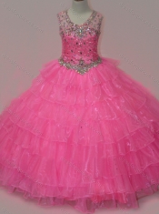 Pretty Rose Pink Little Girl Pageant Dress with Beading and Ruffled Layers