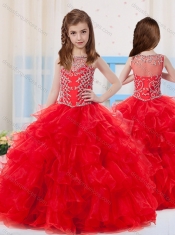 Red Ball Gowns Scoop Organza Beaded Bodice Little Girl Pageant Dress with Side Zipper