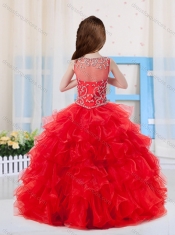 Red Ball Gowns Scoop Organza Beaded Bodice Little Girl Pageant Dress with Side Zipper