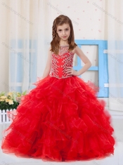 Red Ball Gowns Scoop Organza Beaded Bodice Little Girl Pageant Dress with Side Zipper