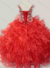 Ball Gown Straps Organza Beaded Bodice Lace Up Mini Quinceanera Dress in Red