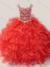 Ball Gown Straps Organza Beaded Bodice Lace Up Mini Quinceanera Dress in Red