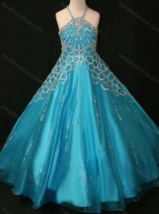 Beaded Decorated Halter Top and Bodice Teal Mini Quinceanera Dress with Criss Cross