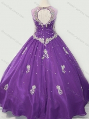 Cheap Ball Gown V Neck Organza Beaded and Applique Mini Quinceanera Dress in Purple