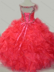 CoraL Red Ball Gown V Neck Organza Beading Little Girl Pageant Dress with Lace Up