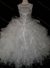 Princess Ball Gown Scoop Beaded Bodice Lace Up Little Girl Pageant Dress in White