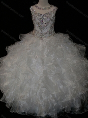 Princess Ball Gown Scoop Beaded Bodice Lace Up Little Girl Pageant Dress in White