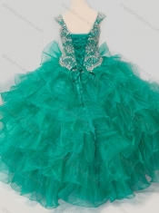 Top Selling Princess Straps Organza Turquoise Lace Up Little Girl Pageant Dress with Beading