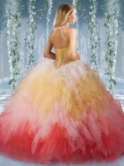 2016 Pretty Halter Top Rainbow Sweet 16 Dress with Beading and Ruffles