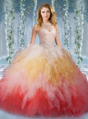 2016 Pretty Halter Top Rainbow Sweet 16 Dress with Beading and Ruffles