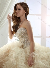 Beautiful Beaded Bodice and Ruffled Brush Train Quinceanera Dress in Champagne