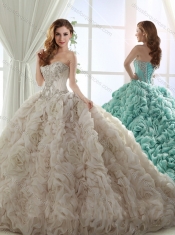 Cheap Puffy Skirt Brush Train Beaded Champagne Quinceanera Gown in Rolling Flowers