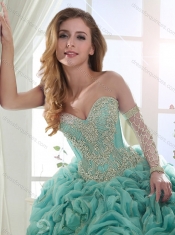 Cheap Puffy Skirt Brush Train Beaded Champagne Quinceanera Gown in Rolling Flowers